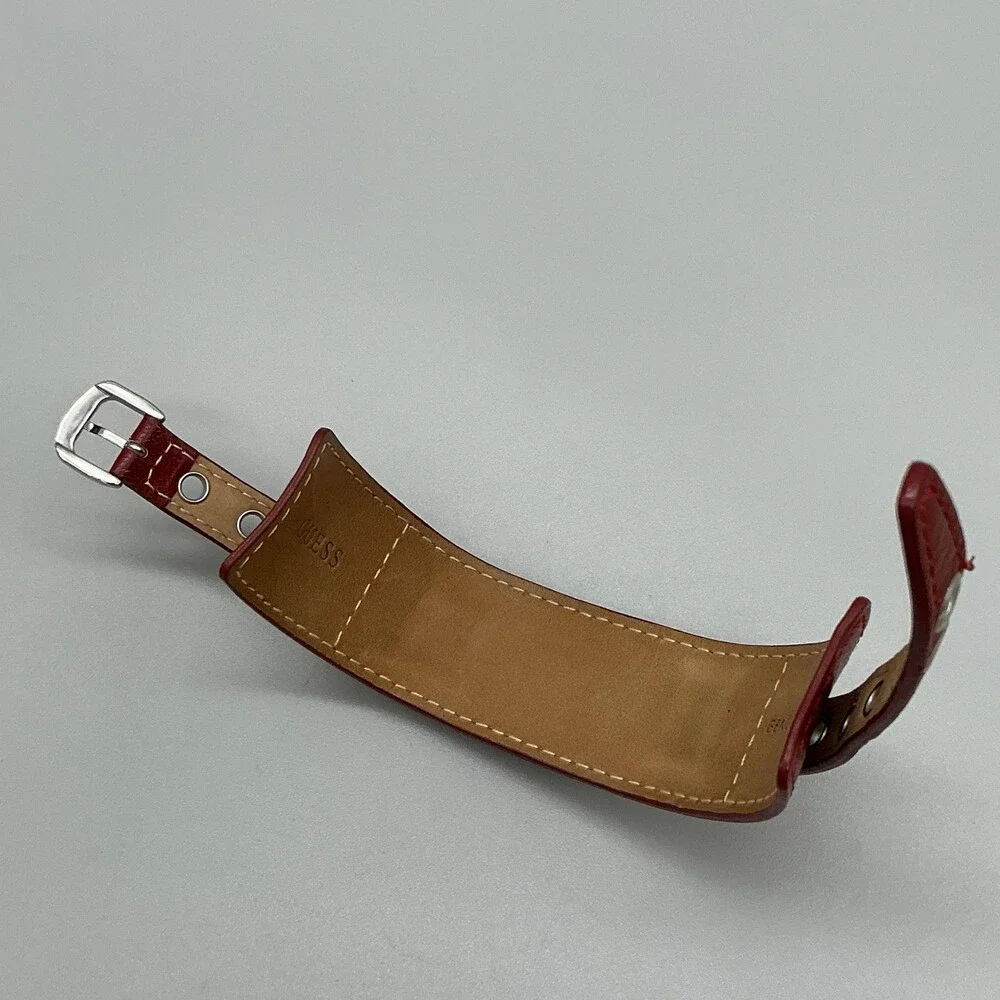 Guess G66225L Womens Watch 18mm White Dial Red Leather Cuff New Battery